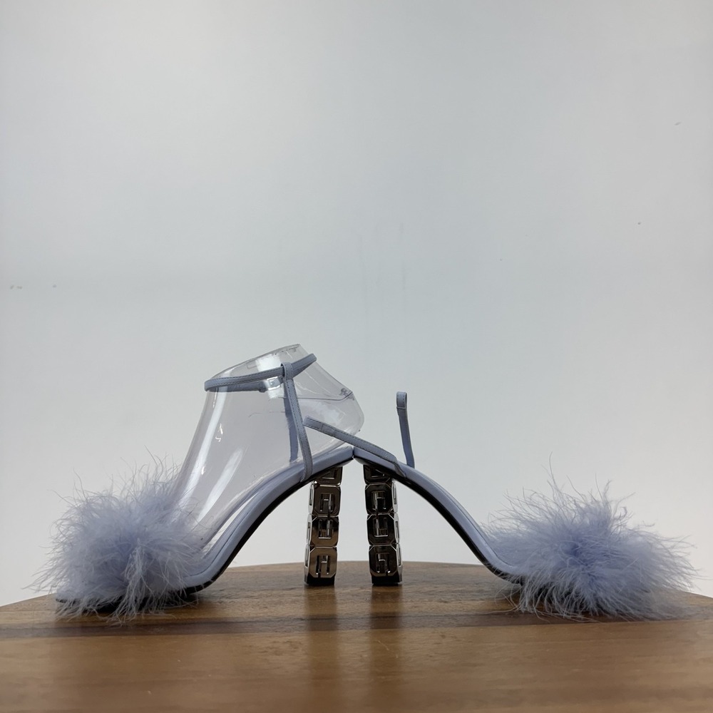 Womens Givenchy G Cube Blue Leather Feather Strappy Heeled Sandals‎ Size 35 GUC - Picture 5 of 9